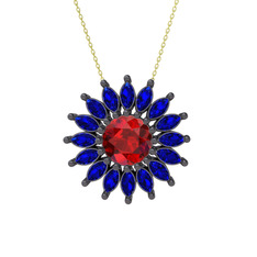Taşlı Papatya Kolye - Garnet ve lab safir 925 ayar siyah rodyum kaplama gümüş kolye (40 cm gümüş rolo zincir) #10po1x1