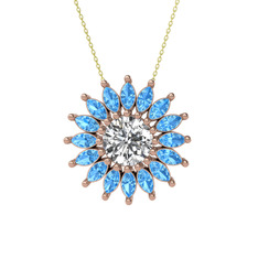 Taşlı Papatya Kolye - Beyaz zirkon ve akuamarin 8 ayar rose altın kolye (40 cm altın rolo zincir) #10su8vt