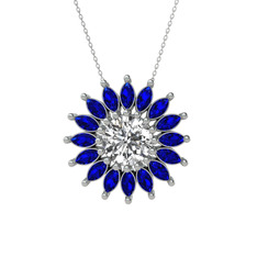 Taşlı Papatya Kolye - Swarovski ve lab safir 925 ayar gümüş kolye (40 cm gümüş rolo zincir) #115u44s
