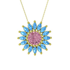 Taşlı Papatya Kolye - Pembe kuvars ve akuamarin 8 ayar altın kolye (40 cm altın rolo zincir) #115wlos