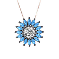 Swarovski ve akuamarin 925 ayar siyah rodyum kaplama gümüş kolye (40 cm rose altın rolo zincir)