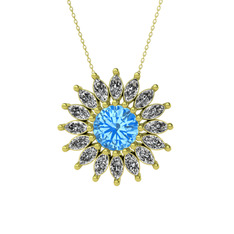 Taşlı Papatya Kolye - Akuamarin ve swarovski 8 ayar altın kolye (40 cm altın rolo zincir) #11e5b79