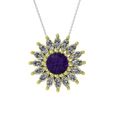 Taşlı Papatya Kolye - Ametist ve swarovski 8 ayar altın kolye (40 cm beyaz altın rolo zincir) #11ekhjm