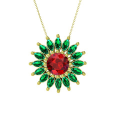 Taşlı Papatya Kolye - Garnet ve yeşil kuvars 8 ayar altın kolye (40 cm gümüş rolo zincir) #11jtlin