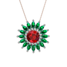 Taşlı Papatya Kolye - Garnet ve yeşil kuvars 925 ayar gümüş kolye (40 cm rose altın rolo zincir) #11kdjrr