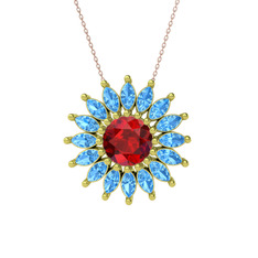 Taşlı Papatya Kolye - Garnet ve akuamarin 14 ayar altın kolye (40 cm rose altın rolo zincir) #11wtczu
