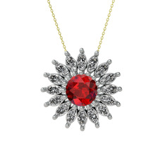 Taşlı Papatya Kolye - Garnet ve beyaz zirkon 18 ayar beyaz altın kolye (40 cm altın rolo zincir) #11ysuke