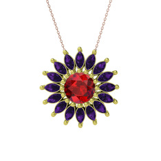Taşlı Papatya Kolye - Garnet ve ametist 14 ayar altın kolye (40 cm rose altın rolo zincir) #121d2c7