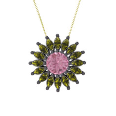 Taşlı Papatya Kolye - Pembe kuvars ve peridot 925 ayar siyah rodyum kaplama gümüş kolye (40 cm gümüş rolo zincir) #12kuer3