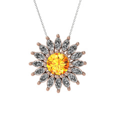 Taşlı Papatya Kolye - Sitrin ve swarovski 18 ayar rose altın kolye (40 cm beyaz altın rolo zincir) #12p3riv