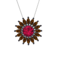 Taşlı Papatya Kolye - Rodolit garnet ve dumanlı kuvars 925 ayar siyah rodyum kaplama gümüş kolye (40 cm gümüş rolo zincir) #12qrpu6