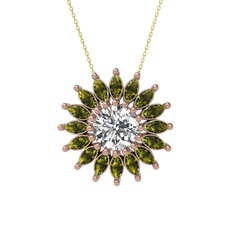 Taşlı Papatya Kolye - Beyaz zirkon ve peridot 18 ayar rose altın kolye (40 cm altın rolo zincir) #12rphks