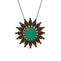 Taşlı Papatya Kolye - Kök zümrüt ve dumanlı kuvars 925 ayar siyah rodyum kaplama gümüş kolye (40 cm gümüş rolo zincir) #12udm5o