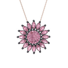 Taşlı Papatya Kolye - Pembe kuvars 925 ayar siyah rodyum kaplama gümüş kolye (40 cm rose altın rolo zincir) #12wyk5a