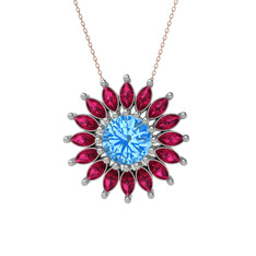 Taşlı Papatya Kolye - Akuamarin ve rodolit garnet 18 ayar beyaz altın kolye (40 cm rose altın rolo zincir) #13cr304