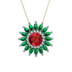 Taşlı Papatya Kolye - Garnet ve yeşil kuvars 18 ayar beyaz altın kolye (40 cm altın rolo zincir) #13exinu