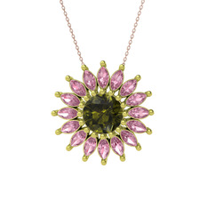 Taşlı Papatya Kolye - Peridot ve pembe kuvars 14 ayar altın kolye (40 cm rose altın rolo zincir) #13hzaan