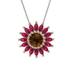 Dumanlı kuvars ve rodolit garnet 14 ayar rose altın kolye (40 cm gümüş rolo zincir)