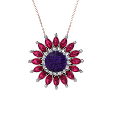 Ametist ve rodolit garnet 14 ayar beyaz altın kolye (40 cm rose altın rolo zincir)