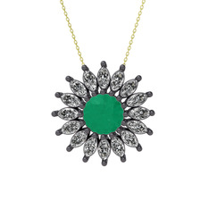 Taşlı Papatya Kolye - Kök zümrüt ve swarovski 925 ayar siyah rodyum kaplama gümüş kolye (40 cm gümüş rolo zincir) #148c2av