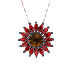 Taşlı Papatya Kolye - Dumanlı kuvars ve garnet 925 ayar siyah rodyum kaplama gümüş kolye (40 cm rose altın rolo zincir) #14c5rr2