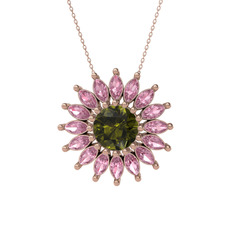 Peridot ve pembe kuvars 925 ayar rose altın kaplama gümüş kolye (40 cm rose altın rolo zincir)