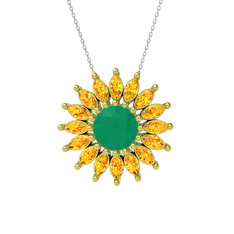 Taşlı Papatya Kolye - Kök zümrüt ve sitrin 925 ayar altın kaplama gümüş kolye (40 cm gümüş rolo zincir) #14j28pi