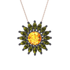 Taşlı Papatya Kolye - Sitrin ve peridot 925 ayar siyah rodyum kaplama gümüş kolye (40 cm rose altın rolo zincir) #14wa9fv