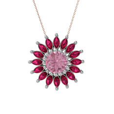 Taşlı Papatya Kolye - Pembe kuvars ve rodolit garnet 925 ayar gümüş kolye (40 cm rose altın rolo zincir) #15d1g2y