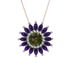 Peridot ve ametist 18 ayar beyaz altın kolye (40 cm rose altın rolo zincir)