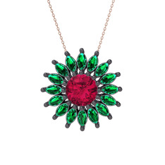 Taşlı Papatya Kolye - Rodolit garnet ve yeşil kuvars 925 ayar siyah rodyum kaplama gümüş kolye (40 cm rose altın rolo zincir) #15z5kmf
