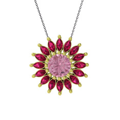 Taşlı Papatya Kolye - Pembe kuvars ve rodolit garnet 8 ayar altın kolye (40 cm gümüş rolo zincir) #160wcvm