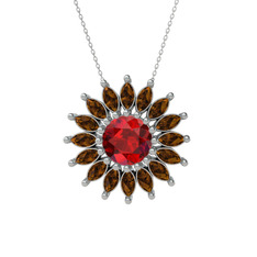 Taşlı Papatya Kolye - Garnet ve dumanlı kuvars 14 ayar beyaz altın kolye (40 cm beyaz altın rolo zincir) #1633ola