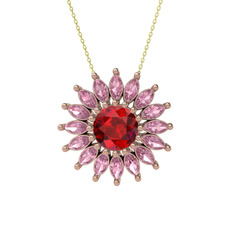 Taşlı Papatya Kolye - Garnet ve pembe kuvars 14 ayar rose altın kolye (40 cm altın rolo zincir) #1644dnv