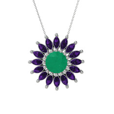 Taşlı Papatya Kolye - Kök zümrüt ve ametist 18 ayar beyaz altın kolye (40 cm beyaz altın rolo zincir) #165aleo