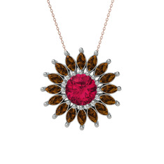 Taşlı Papatya Kolye - Rodolit garnet ve dumanlı kuvars 14 ayar beyaz altın kolye (40 cm rose altın rolo zincir) #165lz8y