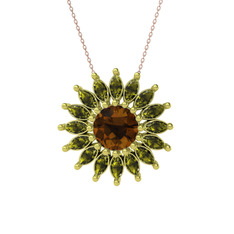 Taşlı Papatya Kolye - Dumanlı kuvars ve peridot 14 ayar altın kolye (40 cm rose altın rolo zincir) #16ji6zw