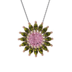 Pembe kuvars ve peridot 925 ayar rose altın kaplama gümüş kolye (40 cm gümüş rolo zincir)