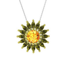 Taşlı Papatya Kolye - Sitrin ve peridot 14 ayar altın kolye (40 cm beyaz altın rolo zincir) #16sz1e9