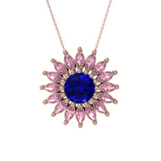 Taşlı Papatya Kolye - Lab safir ve pembe kuvars 18 ayar rose altın kolye (40 cm rose altın rolo zincir) #16t9hj8