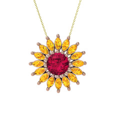 Taşlı Papatya Kolye - Rodolit garnet ve sitrin 18 ayar rose altın kolye (40 cm altın rolo zincir) #16w4xgv