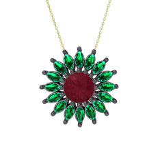 Taşlı Papatya Kolye - Kök yakut ve yeşil kuvars 925 ayar siyah rodyum kaplama gümüş kolye (40 cm gümüş rolo zincir) #17hoag8