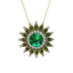 Taşlı Papatya Kolye - Yeşil kuvars ve peridot 8 ayar beyaz altın kolye (40 cm gümüş rolo zincir) #17q90iv