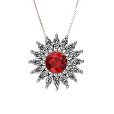 Taşlı Papatya Kolye - Garnet ve swarovski 18 ayar beyaz altın kolye (40 cm rose altın rolo zincir) #17xs63