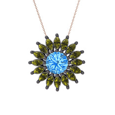 Taşlı Papatya Kolye - Akuamarin ve peridot 925 ayar siyah rodyum kaplama gümüş kolye (40 cm rose altın rolo zincir) #181ru0t