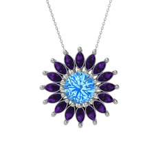 Taşlı Papatya Kolye - Akuamarin ve ametist 8 ayar beyaz altın kolye (40 cm gümüş rolo zincir) #1879rux