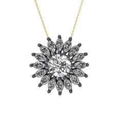 Taşlı Papatya Kolye - Swarovski ve beyaz zirkon 925 ayar siyah rodyum kaplama gümüş kolye (40 cm altın rolo zincir) #187sycf