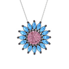 Taşlı Papatya Kolye - Pembe kuvars ve akuamarin 925 ayar siyah rodyum kaplama gümüş kolye (40 cm beyaz altın rolo zincir) #18cbcqv