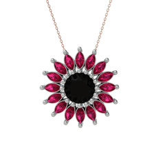 Taşlı Papatya Kolye - Siyah zirkon ve rodolit garnet 8 ayar beyaz altın kolye (40 cm rose altın rolo zincir) #18gtjy5