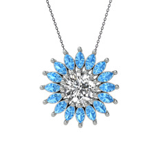 Taşlı Papatya Kolye - Beyaz zirkon ve akuamarin 925 ayar gümüş kolye (40 cm gümüş rolo zincir) #18o5obx